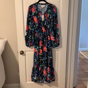 Charles Henry Tie Waist Long Sleeve Wrap Dress